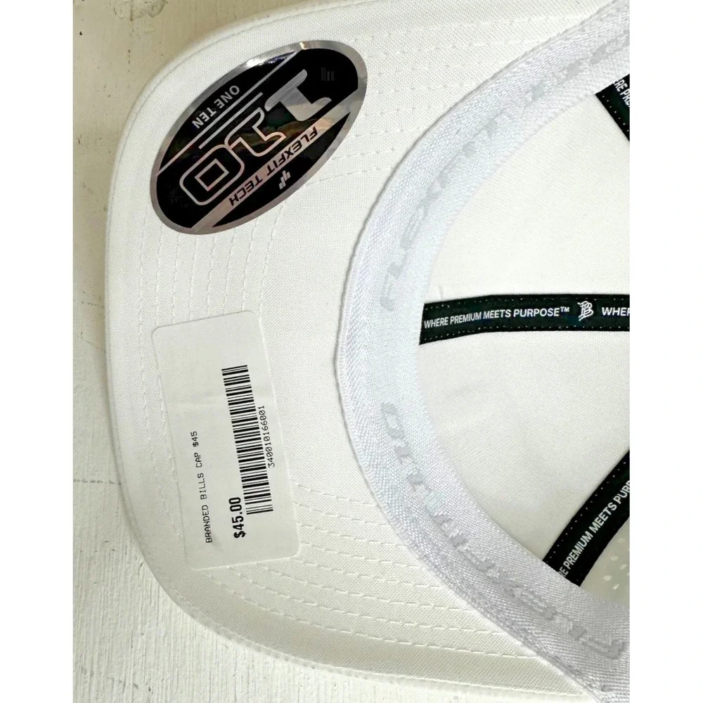 Branded Bills white mens golf hat hook and loop adjust flexfit logo